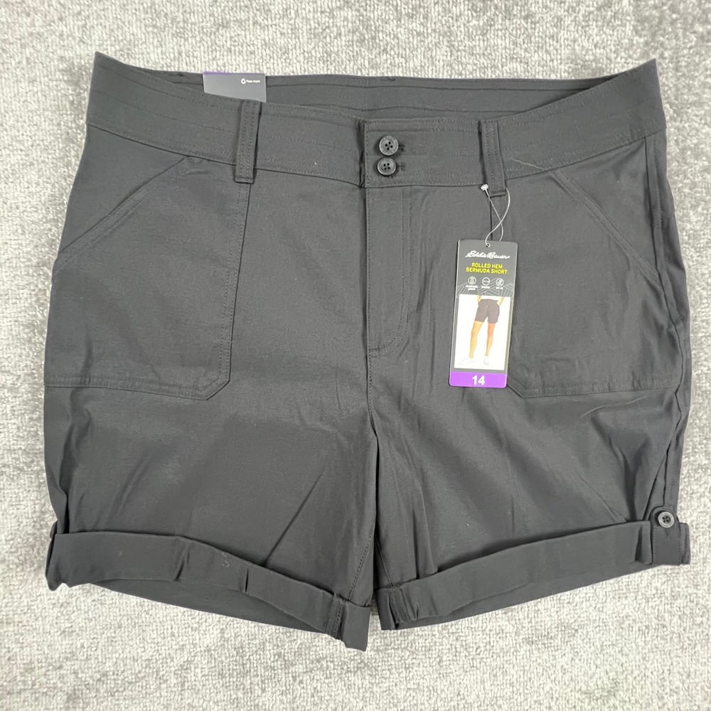 Eddie Bauer Womens Black Rolled Hem Bermuda Shorts Size 14 Stretch UPF 50